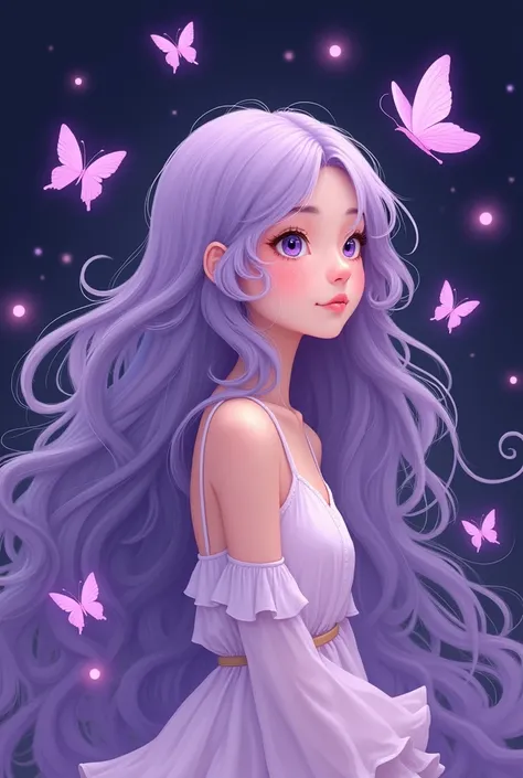 Create a female Ghibli-style character with wavy hair, with pastel purple maquetz, dark purple background with lighter and brighter purple butterflies.