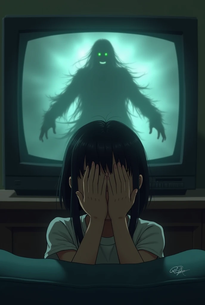 Normal girl scaring with her hands on face is watching very scary and horror girl on tv 