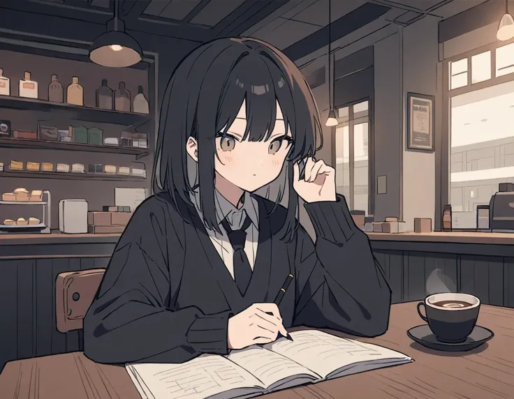 (masterpiece:1.2),(anime),ephemeral，Black Uniform，Han Fei，Korean Style，cool，study，study時間，study中，studyする，cute，Stylish，atmosphere，Cafe