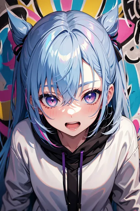 masterpiece, high quality, highres, absurdres, ultra-detailed, 8k, 1girl, platinum grey hair, blue hair, multicolored hair, gradient hair, looking at viewer, colorful eyes, colorful hoodie, (graffiti murals wall background:1.15), brilliant colorful paintin...