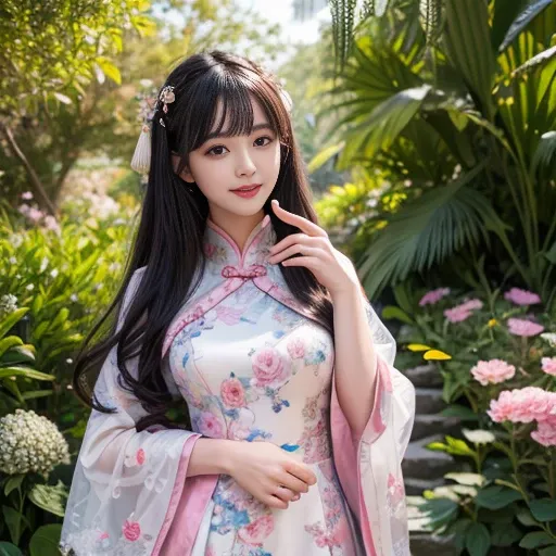 best quality, Delicate face，beautiful visual work, lifelike,  eternity, black hair, Long curly hair, blunt bangs, Smile, In the flower garden, flower, Detailed Background,  Delicate face，pink blush，cold，((masterpiece))、(top quality)、8k、high detail、Super de...