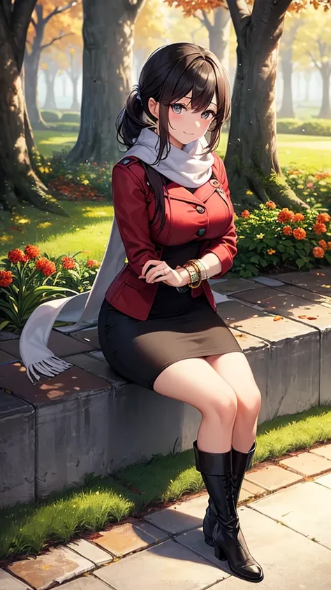 masterpiece, best quality, high detail, 1girl, beautiful woman, wavy hair, dark brown hair, low ponytail, messy hair, hair ornament, large bust, red jacket, black midi pencil skirt, long black skirt:1.2, boots, white scarf, bracelet, autumn, trees, leaves ...