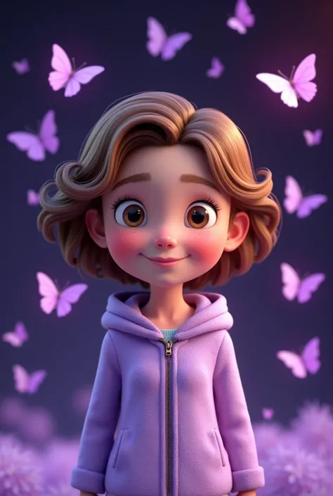 Pixar style 3D poster of a female character with short light brown wavy hair , with pastel purple jacket, dark purple background with lighter and brighter purple butterflies.