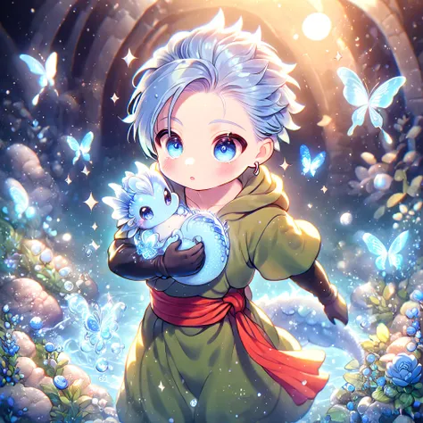 absurdres, highres, ultra detailed, HDR, master piece, best quality, extremely detailed, Erik as a kid, light-blue hair, hair slicked up, ruffled hair, expressive blue eyes, Dragon Quest XI, cute, boy hugging a baby dragon, hooded dark green tunic with lac...