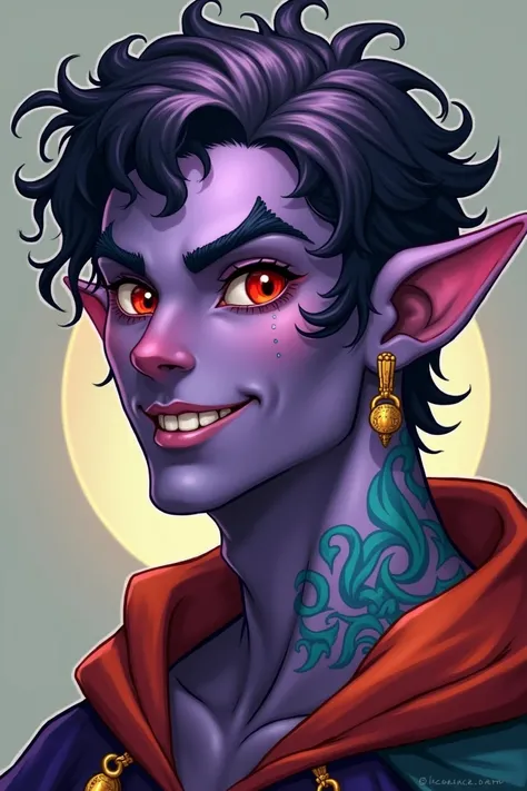 Beautiful Dnd tiefling with purple skin. He has short, curly, dark purple hair. His eyes are red and he has a smile on his face. He is wearing a colorful cape and has golden earrings. His neck is covered in blue and green tattoos. 