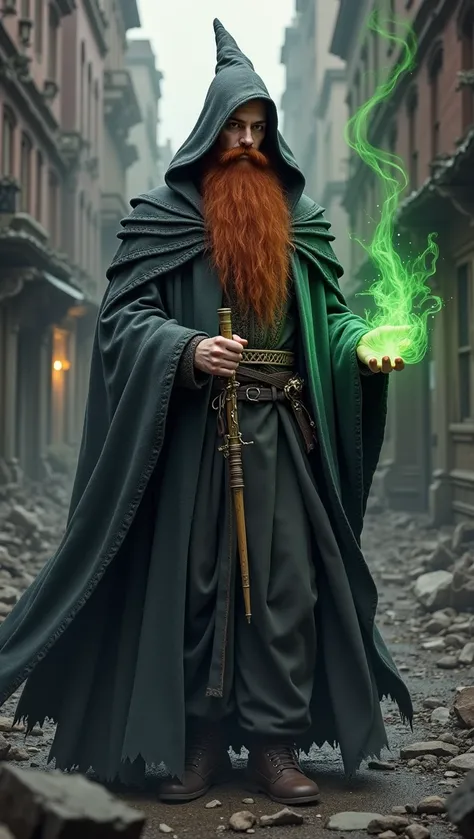 A 30 year old red-haired wizard with a long beard, wearing a gray cloak with black and a pointed hood, he holds a wand in his hand as green magic comes out of it, behind him is a post apocalyptic city with a dark fog.