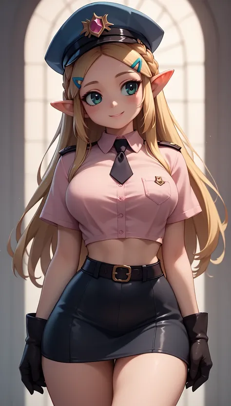 High resolution, Very detailed, perfect lighting, beautiful detailed eyes, ((masterpiece,Best Quality)), absurdities, alone, princess zelda, by the width, crown braid, Hair clip, pointy ears, Gloves without fingers, black gloves, smile, curves, nod, , deep...