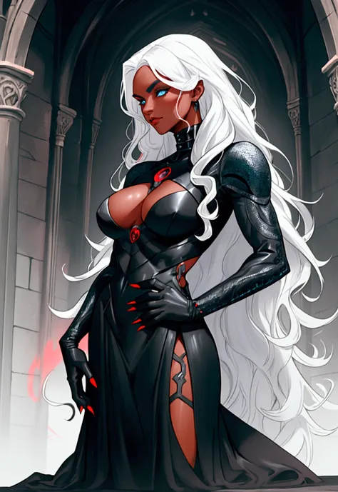 Hole body, black clothing, Futuristic drag queen clothing ideas, futuristic goth, black clothing, tan lattin skin, ultra detailed, long curly white hair, sculpture hair, medieval, targaryen, dragons cave, pose, blak and red