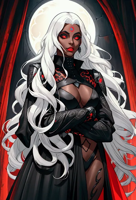 Hole body, black clothing, Futuristic drag queen clothing ideas, futuristic goth, black clothing, tan lattin skin, ultra detailed, long curly white hair, sculpture hair, medieval, targaryen, dragons cave, pose, blak and red