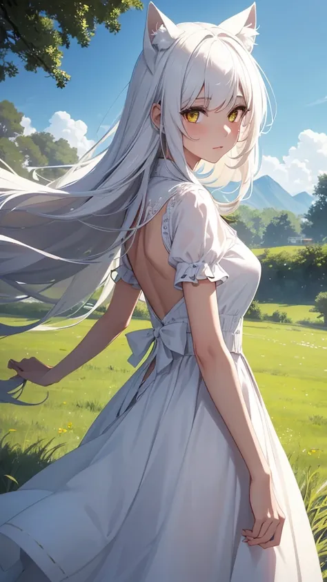 a beautiful girl who is in the wide and healthy grass. a beautiful girl who has white cat ears and white clothes, long white hair and beautiful yellow eyes, is facing backwards.