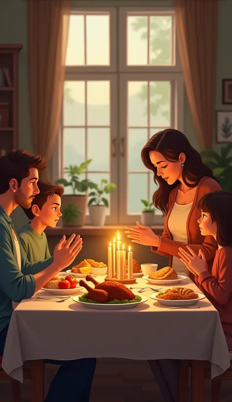 Family around a table with food praying