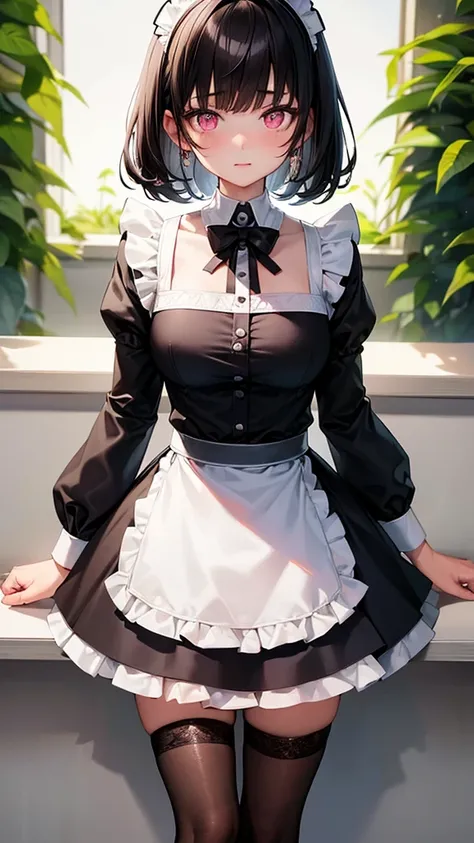 (Highest quality,High resolution,Very detailed,girl)black tights,Black Hair,short hair,Height: 160cm,cute,Pink Eyes,Wearing maid uniform,Her eyes are white and shining,Has bright white eyes,Has a shy look,