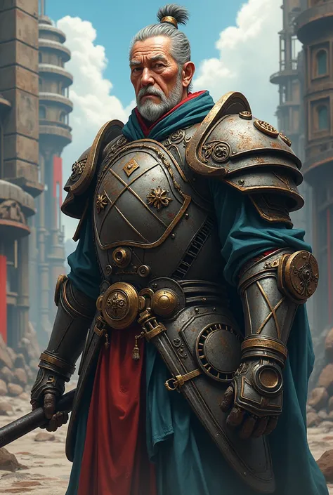 Um homem velho, Cao Cao, stark, with armor and an exoskeleton. In steampunk anime style 