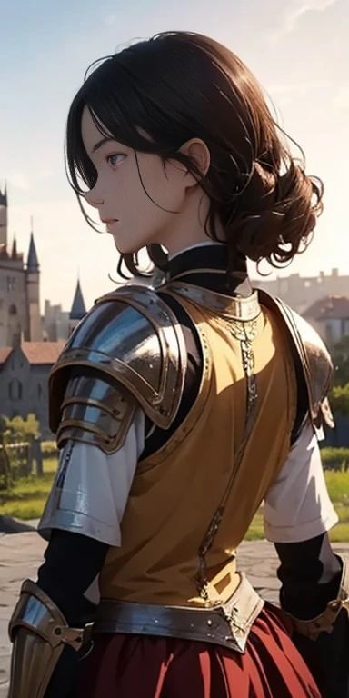 Perfect anime illustration, 100 Girls, all girls are sisters, The sisters are close together, In the background is a medieval castle, Matching hairstyles, Brown Hair, Blonde, Curly Hair, Matching hairstyle, Hazel Eyes, Paladin Armor Outfit), High resolutio...