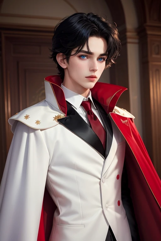 masterpiece, 最high quality, high quality, 1 boy, alone, Male focus, Watching the audience,  Messy black hair, Adorable big blue eyes, White, Noble, Noble,A sexy, voluminous, puffy cape、tuxedo、A very voluminous, large, very large, very large, long, long red...