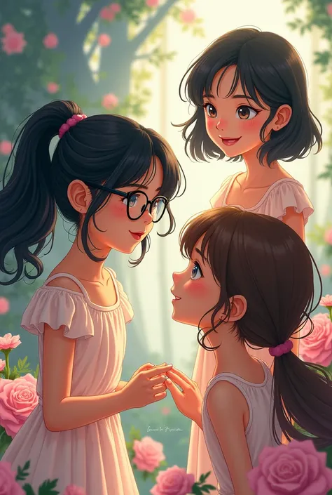 3 girls, one with glasses and black hair tied in a ponytail, the other one with long loose black hair and the other girl with loose brown hair and a bit Chinese Disney version 