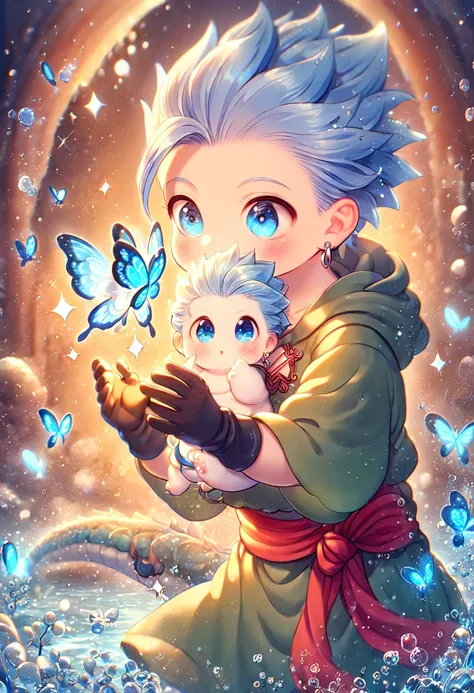 absurdres, highres, ultra detailed, HDR, master piece, best quality, extremely detailed, Erik as a kid, light-blue hair, hair slicked up, spiked hair, expressive blue eyes, Dragon Quest XI, cute, boy hugging a baby dragon, hooded dark green tunic with laci...