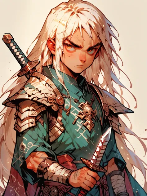 score_9, score_8_up, score_7_up, score_6_up, solo, 1 boy, kid, long hair, white hair, wearing bones shoulder armor, pauldrons, holding a sword, g4n1m3,
F41Arm0rXL