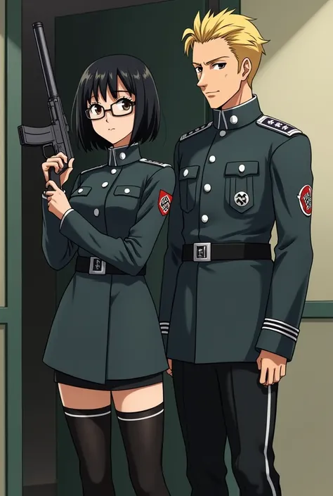 anime girl, short black hair with bangs, big tights, small waist, with glasses, wearing a nazi uniform ,holding a gun and a tall boy, blonde short hair, big nose, wearing a nazi uniform