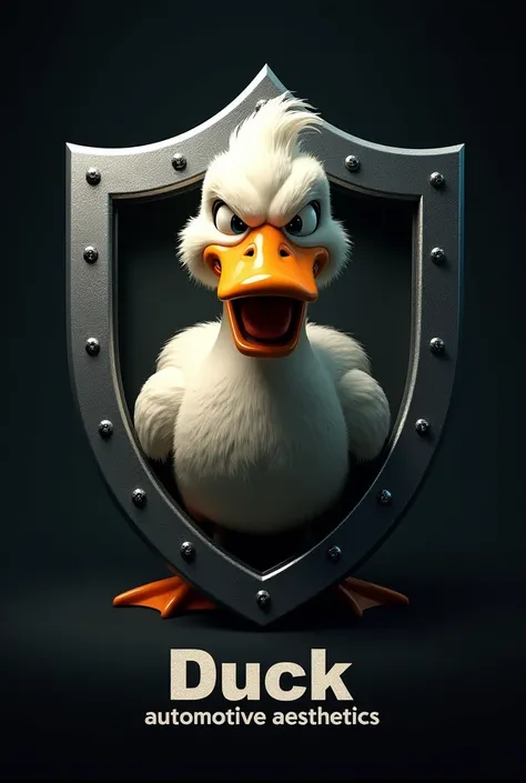 An angry duck inside a shield with a black background and below written: Duck automotive aesthetics