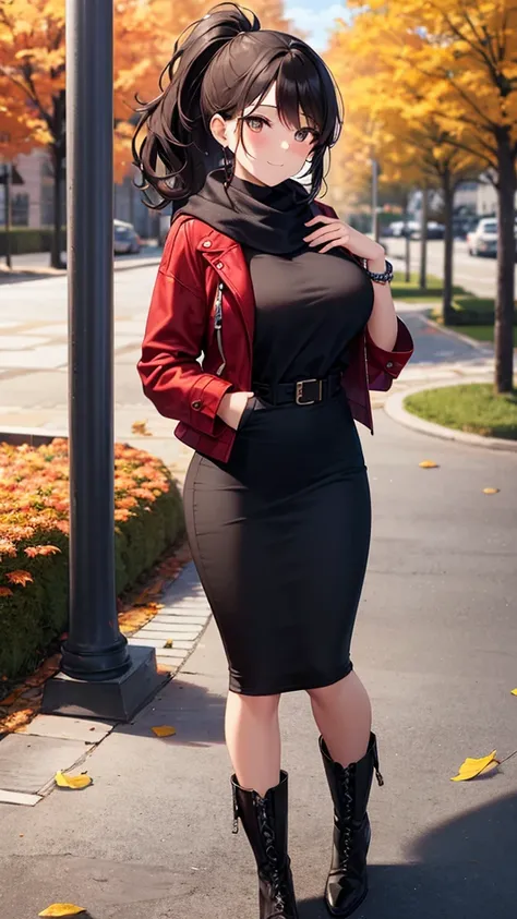 masterpiece, best quality, high detail, 1girl, beautiful woman, wavy hair, dark brown hair, low ponytail, messy hair, large bust, red jacket, gray sweater, black midi pencil skirt, long black skirt:1.2, boots, white scarf, bracelet, autumn, trees, leaves o...