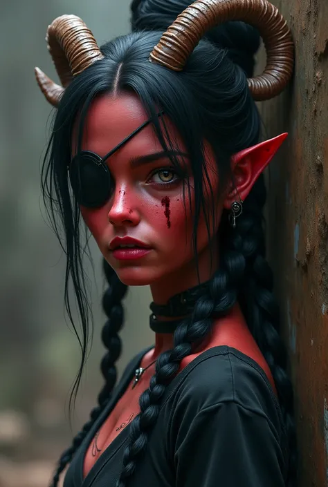 ((Mediovale)), uma mulher Tiefling, reddish skin, ram horns,  completely white eyes, eye patch on the left side, scar under the eye patch, scar on the lips on the right side, Bblack hair, hair tied in a bun, scraping both sides, a braid on each side of the...