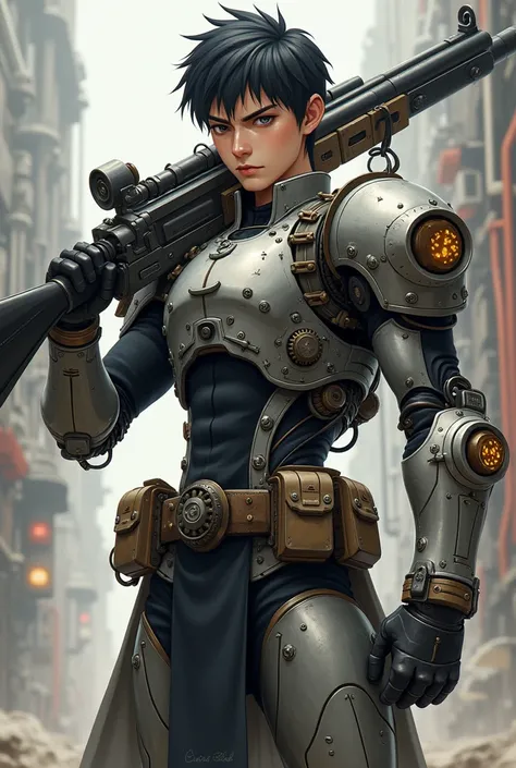 A young man, Cao Cao, stark, with armor, an exoskeleton, a machine gun on the back. In steampunk anime style 