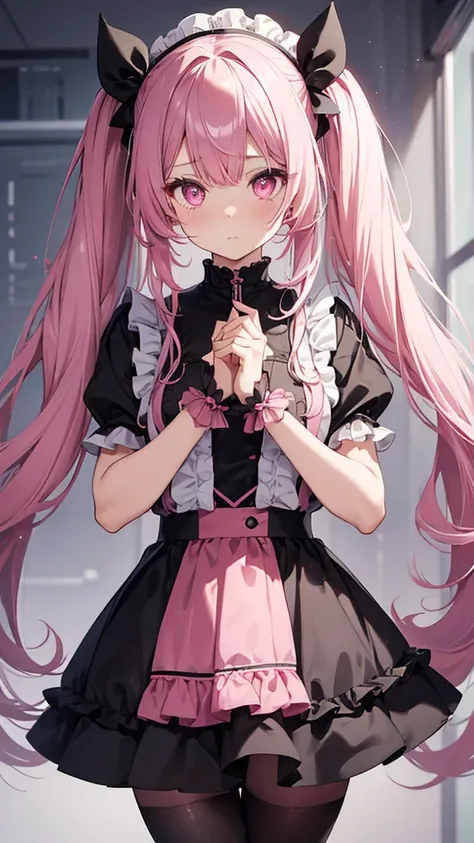 (Highest quality,Very detailed,girl),black tights,Pink Hair,Twin tails,cute,Pink Eyes,Height: 130cm,She is wearing a black dress,Her eyes are white and shining,Her eyes are white and shining,Looking at me with a bright face,Has an embarrassed face