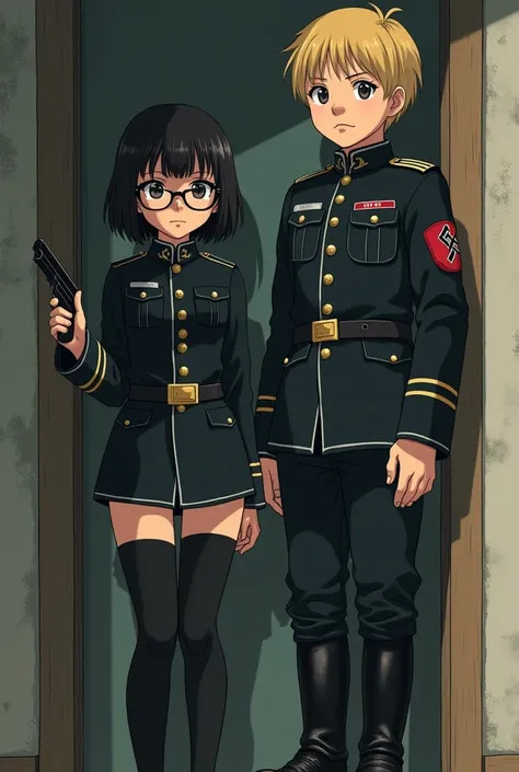 anime girl, short black hair with bangs, big tights, small waist, with glasses, wearing a nazi uniform ,holding a gun and a tall boy, blonde short hair, big nose, wearing a nazi uniform