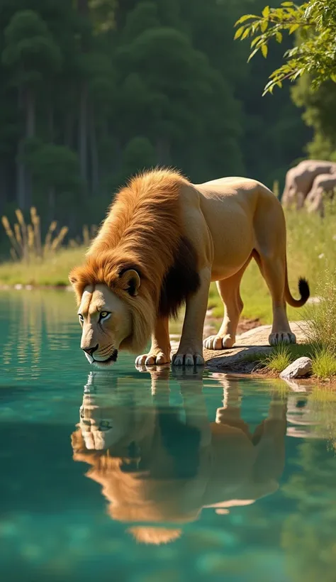 Create an 8k high-resolution, hyper-realistic image of a majestic lion drinking water from a serene lake. The scene should include the following elements:

Lion:

Appearance: The lion should be depicted as strong and powerful, with a well-defined muscular ...