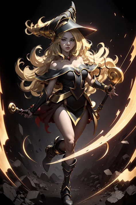 (8k,photorealistic　raw photography　the highest quality;1.4) 　(1girl in)　super beauty　(realistic face)　femenine body 　(Blonde with long curls)　Hold a black and red magic wand.　combat scene　Magic hat with black and gold exterior.　Beautiful expression　Glare　(...