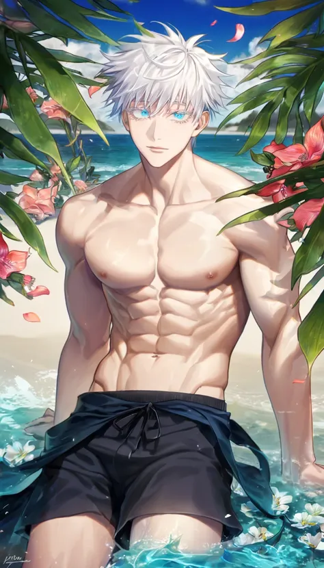 absurdres, highres, ultra detailed, HDR, master piece, Gojou Satoru, white hair with bangs, expressive blue eyes, white eyelashes, without shirt, Jujutsu Kaisen, toned chest, bare chest, sexy man, handsome, best quality, beach, fantasy, magical, solo, wate...