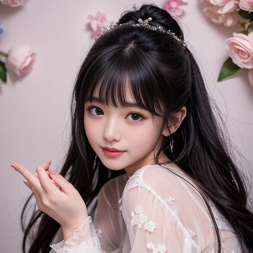 best quality, Delicate face，beautiful visual work, lifelike,  eternity, black hair, Long curly hair, blunt bangs, Smile, Detailed Background,  Delicate face，pink blush，cold，((masterpiece))、(top quality)、8k、high detail、Super detailed，21 years old female，Wea...