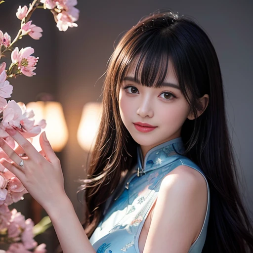 best quality, Delicate face，beautiful visual work, lifelike,  eternity, black hair, Long curly hair, blunt bangs, Smile, Detailed Background,  Delicate face，pink blush，cold，((masterpiece))、(top quality)、8k、high detail、Super detailed，21 years old female，Wea...