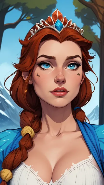 Woman character Queen Anna of Arendelle with war scars Cartoon image of a woman .Illustrates??cartoon style, cartoon art style, cartoon art style, digital illustration style, highly detailed character design, courage detailed digital art, Forest fan art, P...