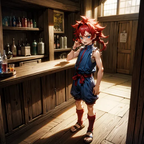 Solo character, full body version, kid boy, blue eyes, red hair, long mohawk hairstyle, Curly hair, casual clothing, short pants, Sleeveless, sandals, indoor, bar, village, medieval, morning, standing gesture, detailed background, detailed clothing, detail...