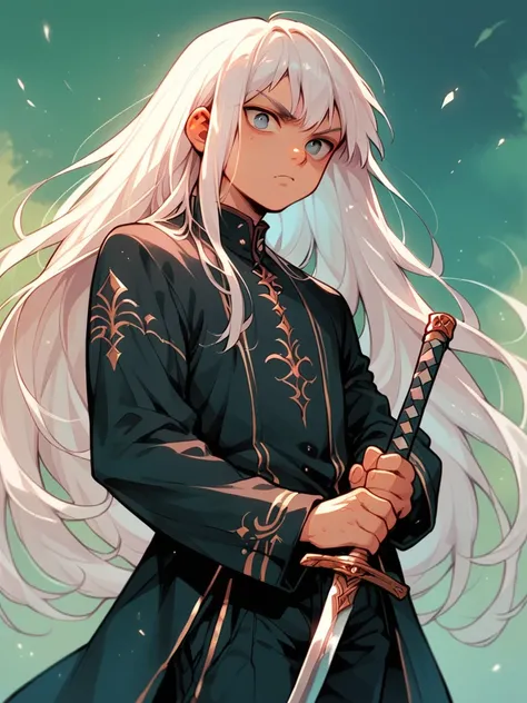 score_9, score_8_up, score_7_up, score_6_up, solo, 1 boy, kid, long hair, white hair, holding a sword, g4n1m3