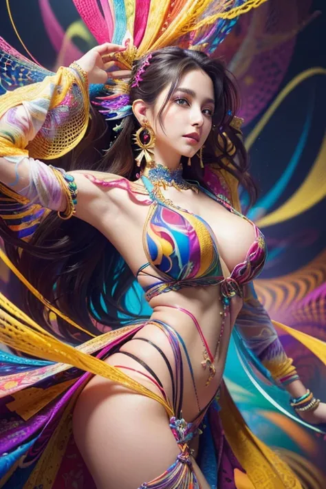 (masterpiece, Highest quality, Highest quality, Official Art, beautifully、aesthetic:1.2), (One girl:1.3), Very detailed,(Fractal Art:1.1),(colorful:1.1),Most detailed,(Tangled:1.2), (Dynamic pose), (Abstract background:1.5), (Japanese clothing:1.2), (Glowi...