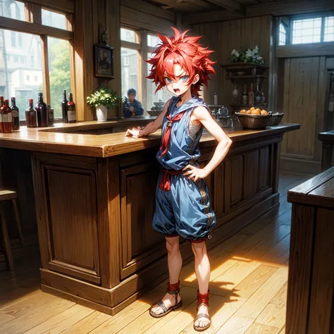 Solo character, full body version, kid boy, blue eyes, red hair, long curly mohawk, casual clothing, short pants, Sleeveless, sandals, indoor, bar, village, medieval, morning, standing gesture, detailed background, detailed clothing, detailed hair, angry e...