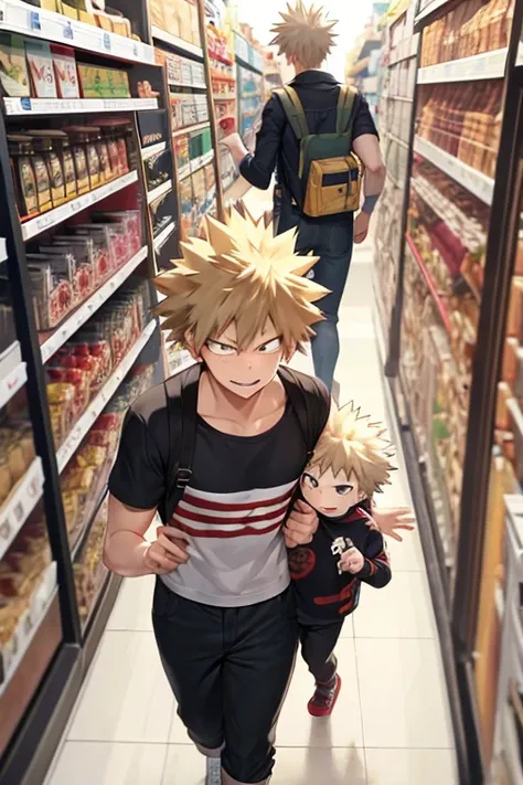 Bakugou katsuki in hero academia shopping with his own twin toddler boy and girl