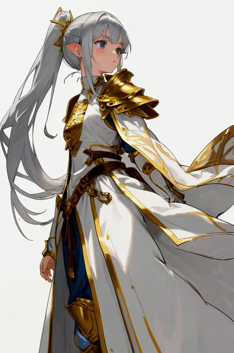 （8K，Best quality，style of anime），Ancient European realistic style armor，Silver-haired elven female mage, white clothing with gold accents, Two High ponytails，Wearing gold-white armor，Delicate facial features，The drawing style is similar to that of characte...