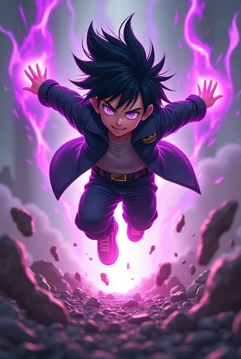 Raising a young boy, with black and spiky hair, eyes coming out violet power, wearing a medium black jacket , jumping and destroying the ground with a light smile