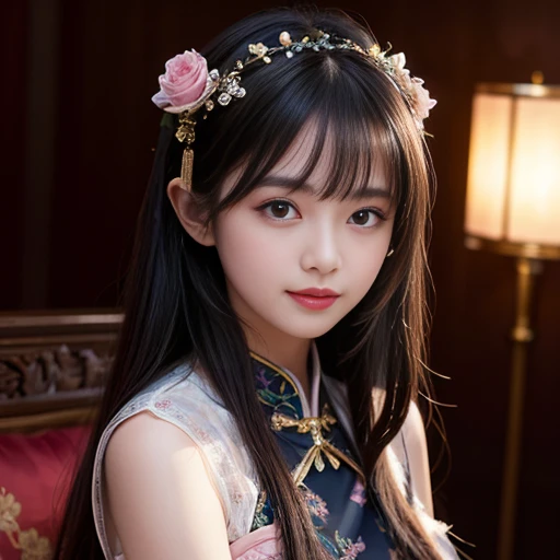 best quality, Delicate face，beautiful visual work, lifelike,  eternity, black hair, Long curly hair, blunt bangs, Smile, Detailed Background,  Delicate face，pink blush，cold，((masterpiece))、(top quality)、8k、high detail、Super detailed，21 years old female，Wea...