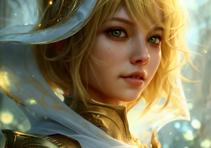 head close up, front camera, realistic digital painting portrait of a human woman, 3r1nm0r1art72, cute smile, (Wavy hair:1.1), (hair blonde:1.3), magical yellow universe, white magical cloth armor with yellow engraving in intricate detail, (abstrato, fund:...