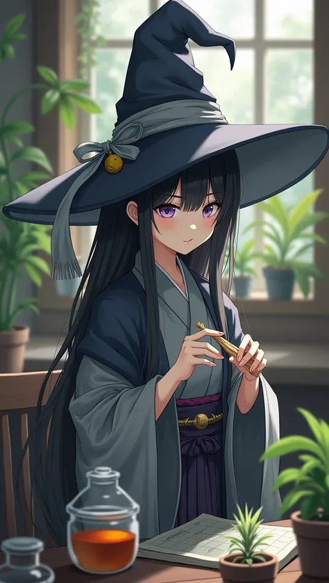 A 20-year-old Japanese witch , wearing a gray cloak mixed with kimono and a gray and black pointed witch hat, She is in a room with several plants and potions and she is doing experiments.