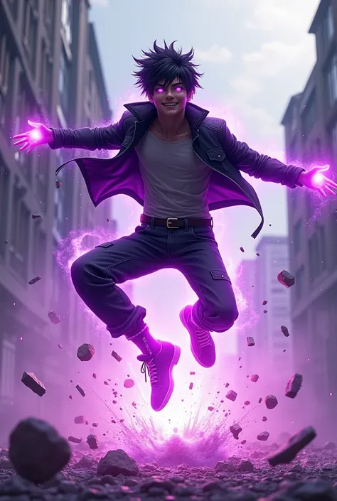 Raising a young man, with black and spiky hair, eyes coming out violet power, wearing a medium black jacket , jumping and destroying the ground with a light smile