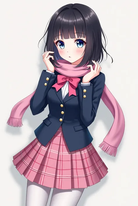 Female anime character with shoulder-length black hair and Korean bangs,Blue eyes long lower eyelashes,With white skin and pink lips,with a dark blue blazer with gold buttons,a pink bow tie in the front,a pink plaid skirt,White leggings,Black shoes and pin...