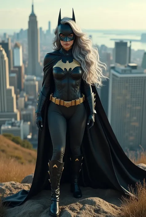 A beautiful youthful looking Hispanic version of a gray haired Selena Gomez as a 50 years old woman with long her completely gray hair in a big curls styles as the superhero batwoman wearing a batwoman costume with a hood standing on top of a hill overlook...