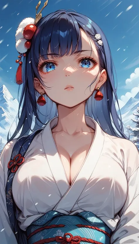 Nsfw,Snow Woman、Beautiful dark blue hair,Big Breasts、Long Hair,Yuki Onna,Cool look,White kimono,(high quality),(blue eyes、Perfect Eyes),(cheek),Narrow eyes,Adult women,Snowstorm in the background,Long sleeves,from_front,The kimono is transparent,skin is wh...