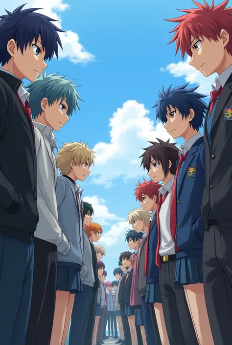 Several students arranged in a line on both sides of the image looking towards the center filled with student bodies.  anime styling. The boys have hard cocks.